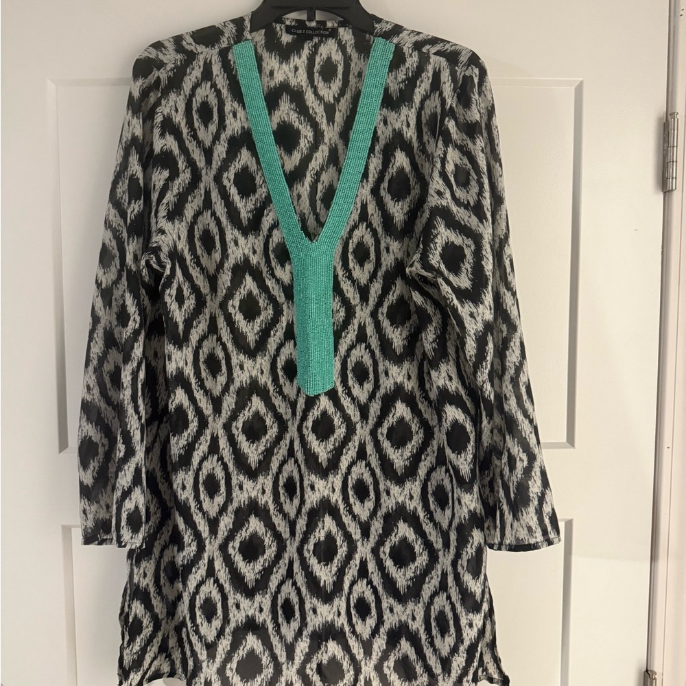 Club Z Black and White Patterned Cover Up with Teal Beaded Accent